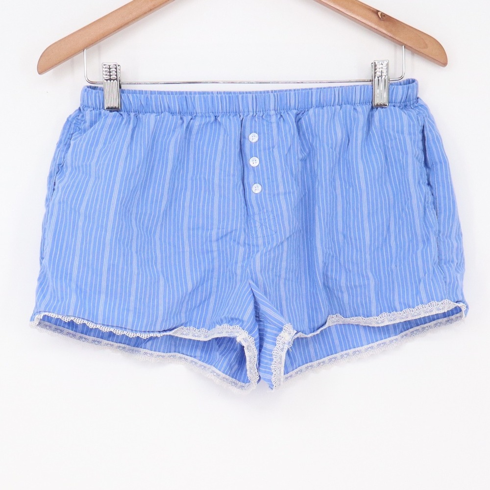 Auden Sleep Shorts Womens Small Pinstripe Blue Lace Trim Pajamas Excellent